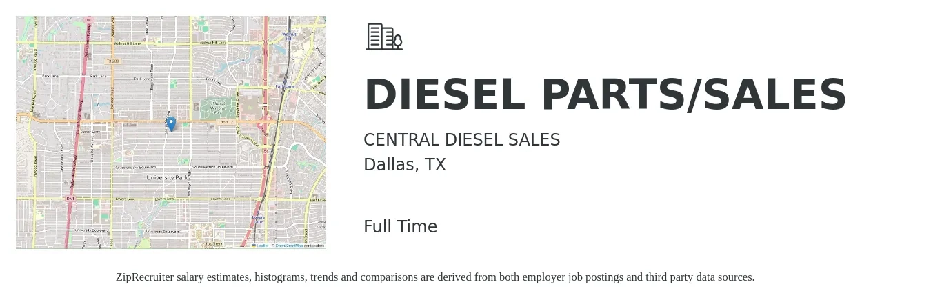 CENTRAL DIESEL SALES job posting for a DIESEL PARTS/SALES in Dallas, TX with a salary of $64,800 to $90,000 Yearly with a map of Dallas location.