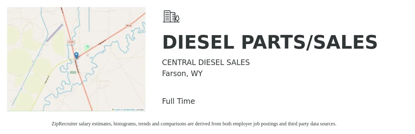 CENTRAL DIESEL SALES job posting for a DIESEL PARTS/SALES in Farson, WY with a salary of $66,000 to $91,700 Yearly with a map of Farson location.
