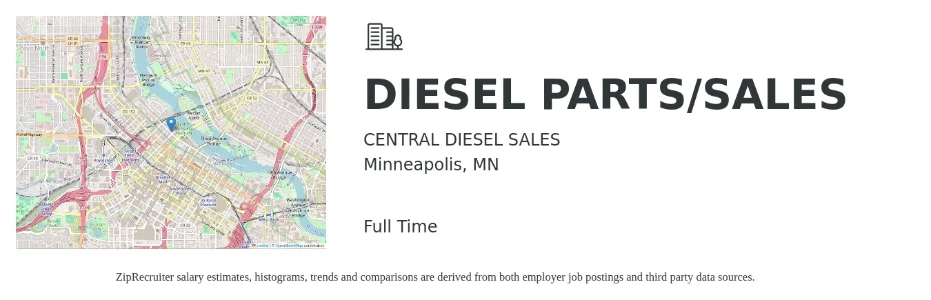 CENTRAL DIESEL SALES job posting for a DIESEL PARTS/SALES in Minneapolis, MN with a salary of $68,400 to $95,000 Yearly with a map of Minneapolis location.
