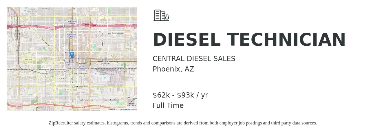 CENTRAL DIESEL SALES job posting for a DIESEL TECHNICIAN in Phoenix, AZ with a salary of $62,400 to $93,600 Yearly with a map of Phoenix location.