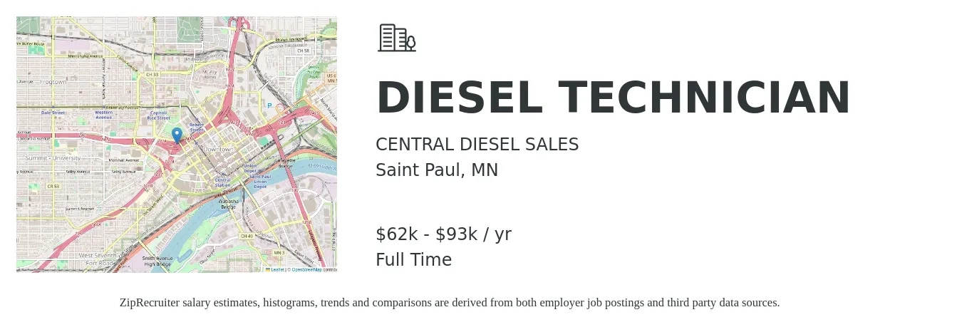 CENTRAL DIESEL SALES job posting for a DIESEL TECHNICIAN in Saint Paul, MN with a salary of $62,400 to $93,600 Yearly with a map of Saint Paul location.