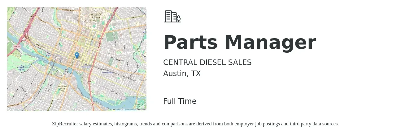 CENTRAL DIESEL SALES job posting for a Parts Manager in Austin, TX with a salary of $49,600 to $71,400 Yearly with a map of Austin location.
