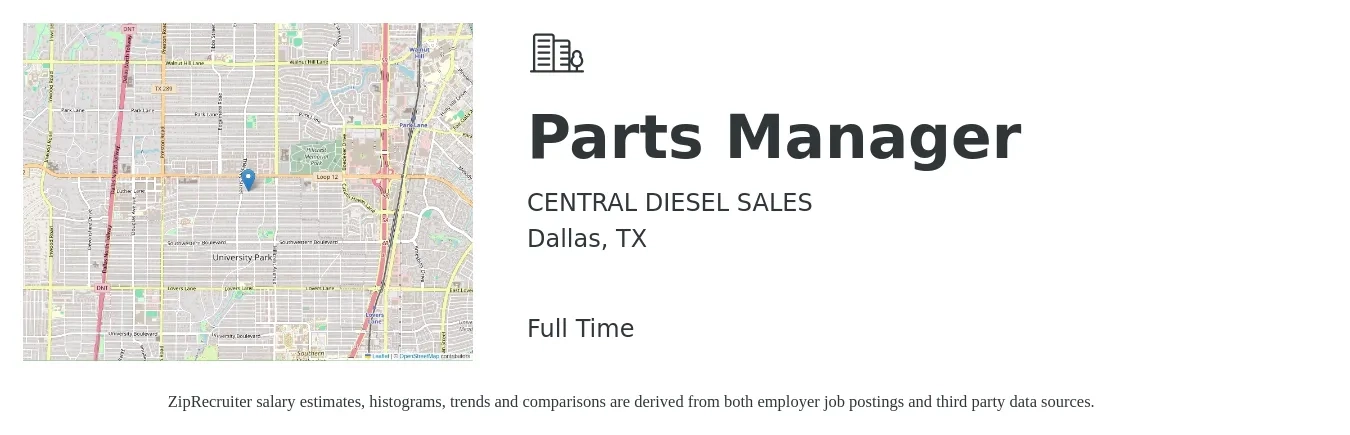 CENTRAL DIESEL SALES job posting for a Parts Manager in Dallas, TX with a salary of $49,500 to $71,200 Yearly with a map of Dallas location.