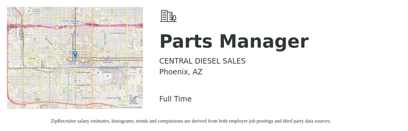 CENTRAL DIESEL SALES job posting for a Parts Manager in Phoenix, AZ with a salary of $49,600 to $71,500 Yearly with a map of Phoenix location.