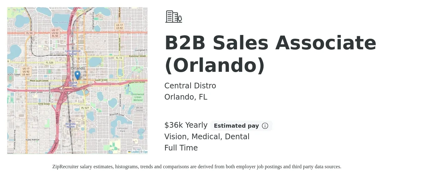 Central Distro job posting for a B2B Sales Associate (Orlando) in Orlando, FL with a salary of $36,000 Yearly and benefits including pto, vision, dental, and medical with a map of Orlando location.