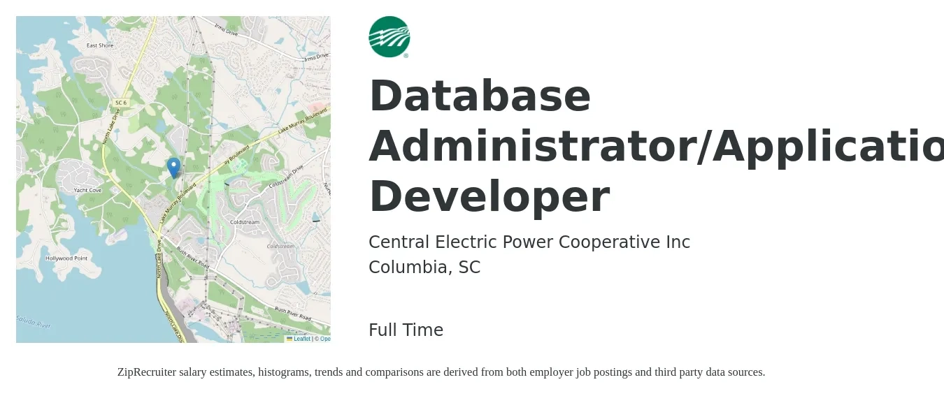Central Electric Power Cooperative Inc job posting for a Database Administrator/Application Developer in Columbia, SC with a salary of $46 to $61 Hourly with a map of Columbia location.