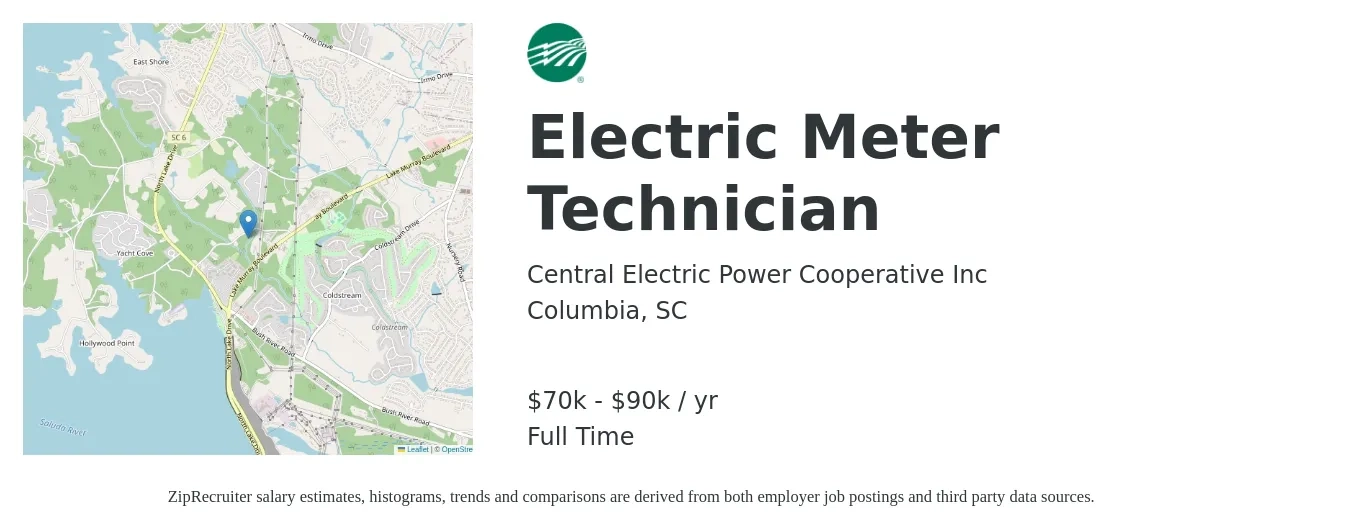 Central Electric Power Cooperative Inc job posting for a Electric Meter Technician in Columbia, SC with a salary of $70,000 to $90,000 Yearly with a map of Columbia location.