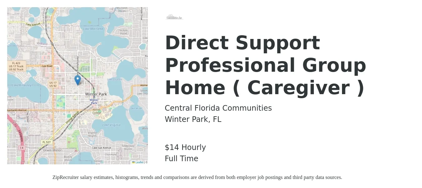 Central Florida Communities job posting for a Direct Support Professional Group Home ( Caregiver ) in Winter Park, FL with a salary of $15 Hourly with a map of Winter Park location.