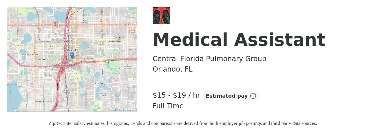 Central Florida Pulmonary Group job posting for a Medical Assistant in Orlando, FL with a salary of $16 to $20 Hourly with a map of Orlando location.