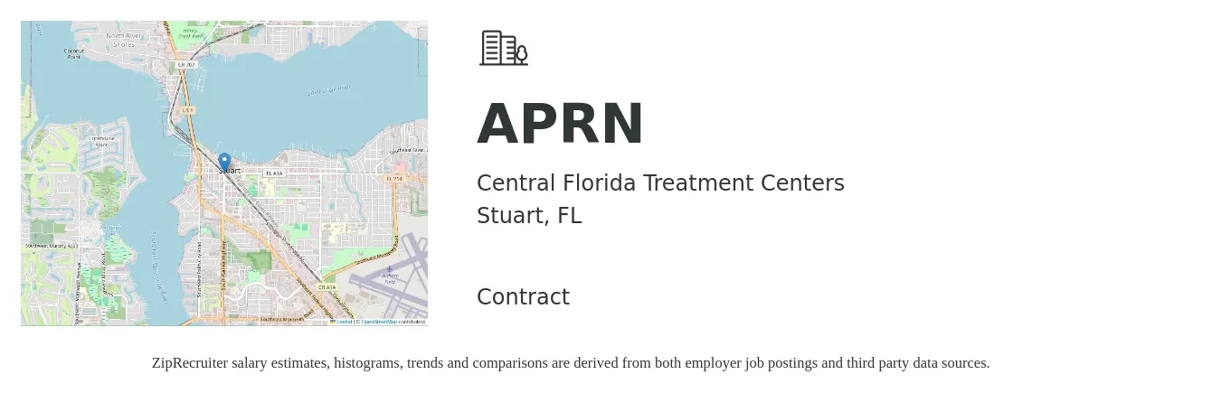 Central Florida Treatment Centers job posting for a APRN in Stuart, FL with a salary of $80 to $90 Hourly with a map of Stuart location.