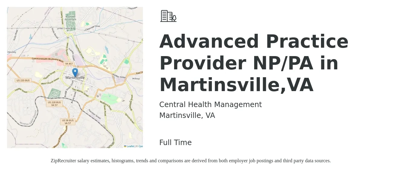 Central Health Management job posting for a Advanced Practice Provider NP/PA in Martinsville,VA in Martinsville, VA with a salary of $102,500 to $132,600 Yearly with a map of Martinsville location.