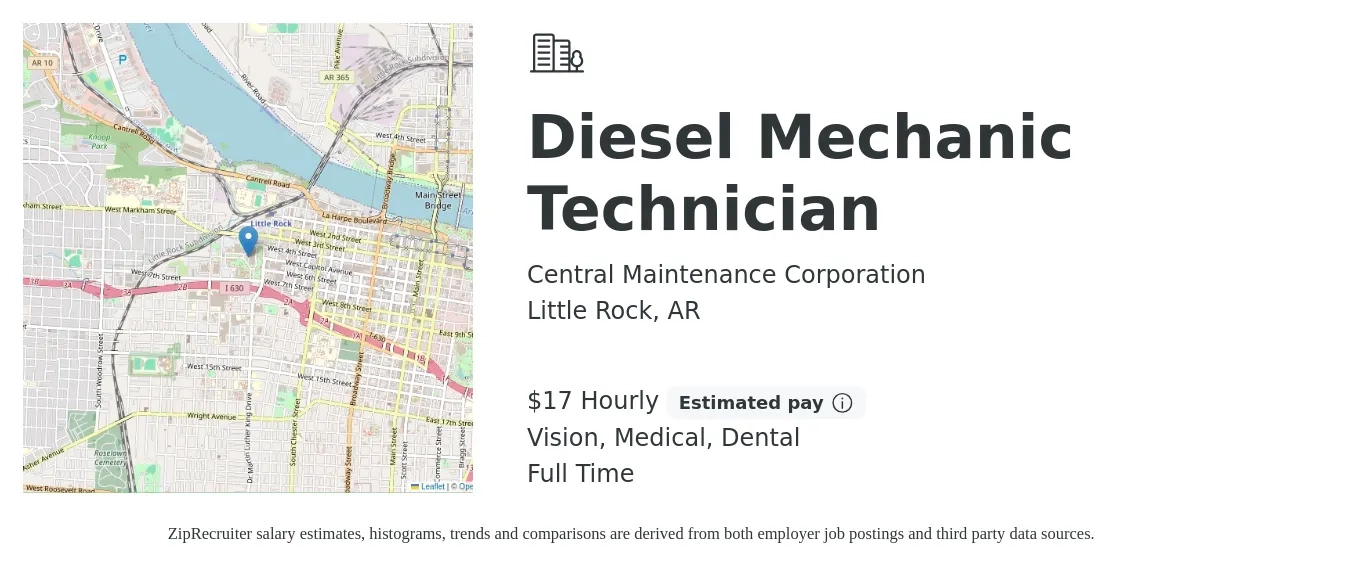 Central Maintenance Corporation job posting for a Diesel Mechanic Technician in Little Rock, AR with a salary of $18 Hourly and benefits including vision, dental, life_insurance, medical, and retirement with a map of Little Rock location.
