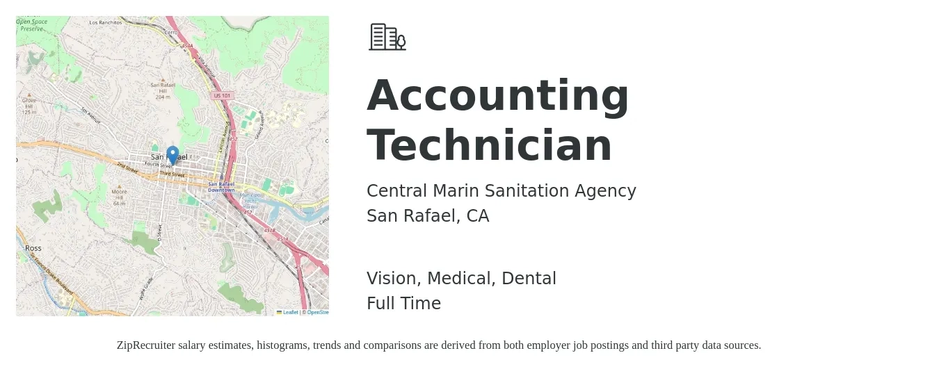 Central Marin Sanitation Agency job posting for a Accounting Technician in San Rafael, CA with a salary of $7,728 to $9,393 Monthly and benefits including medical, retirement, vision, dental, and life_insurance with a map of San Rafael location.
