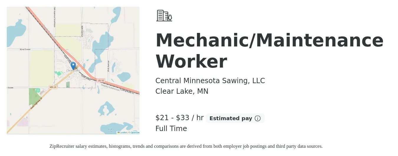 Central Minnesota Sawing, LLC job posting for a Mechanic/Maintenance Worker in Clear Lake, MN with a salary of $22 to $35 Hourly and benefits including pto with a map of Clear Lake location.