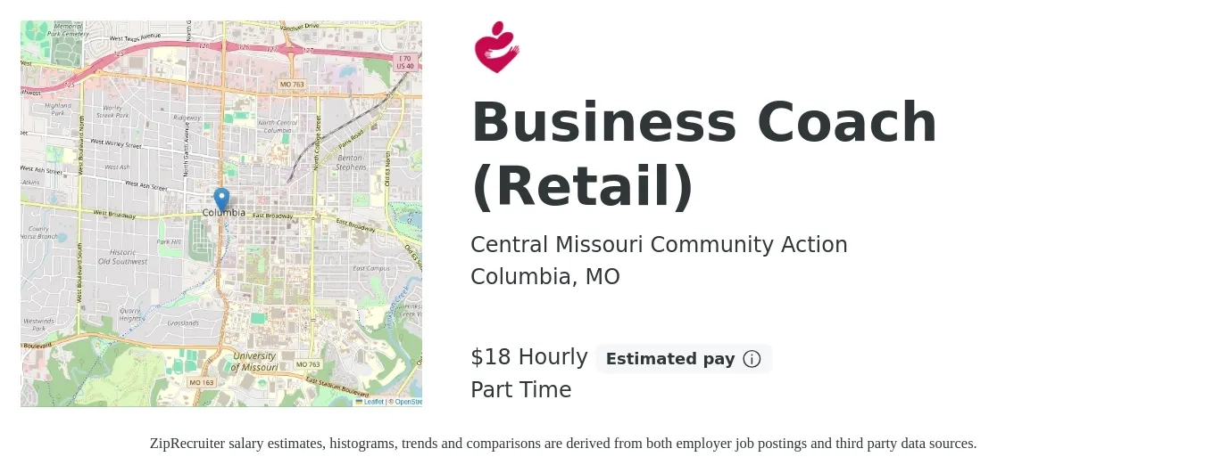 Central Missouri Community Action job posting for a Business Coach (Retail) in Columbia, MO with a salary of $19 Hourly with a map of Columbia location.