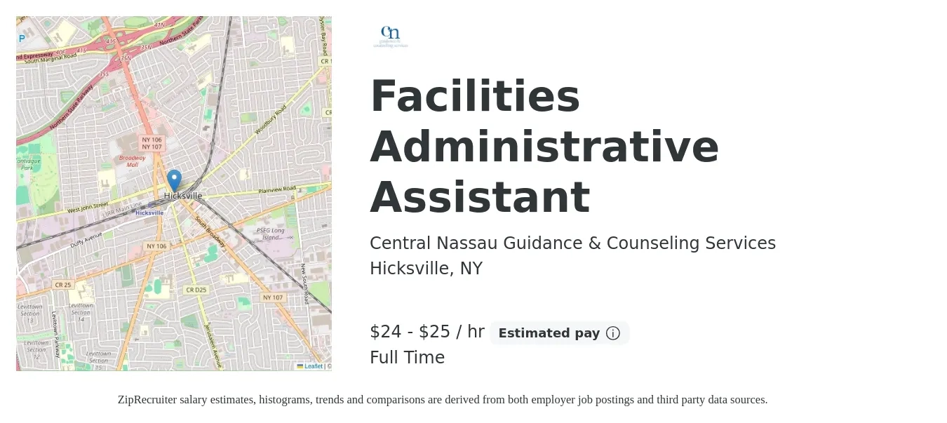 Central Nassau Guidance & Counseling Services job posting for a Facilities Administrative Assistant in Hicksville, NY with a salary of $26 to $26 Hourly with a map of Hicksville location.