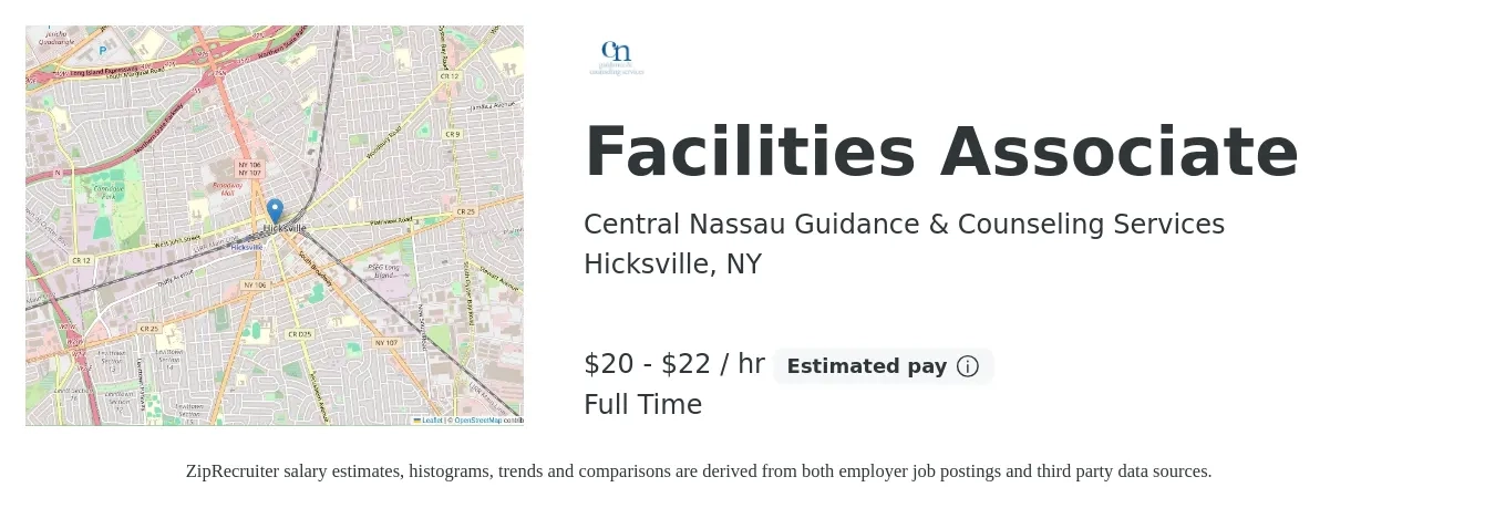Central Nassau Guidance & Counseling Services job posting for a Facilities Associate Virtual Job Fair 6/4/2024 in Hicksville, NY with a salary of $21 to $23 Hourly with a map of Hicksville location.