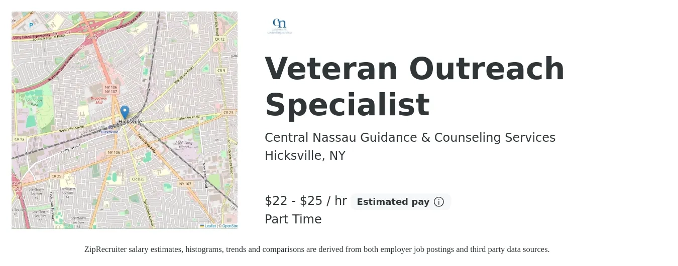 Central Nassau Guidance & Counseling Services job posting for a Veteran Outreach Specialist in Hicksville, NY with a salary of $23 to $27 Hourly with a map of Hicksville location.