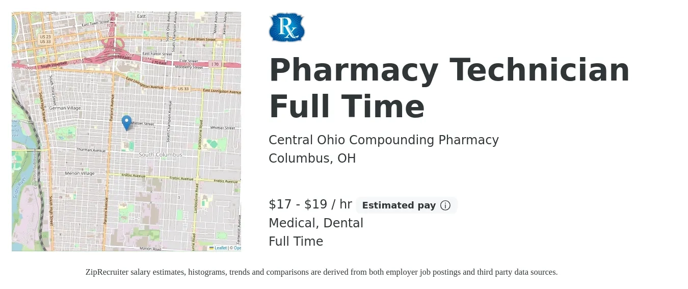 Central Ohio Compounding Pharmacy job posting for a Pharmacy Technician Full Time in Columbus, OH with a salary of $18 to $20 Hourly and benefits including medical, 401k, and dental with a map of Columbus location.