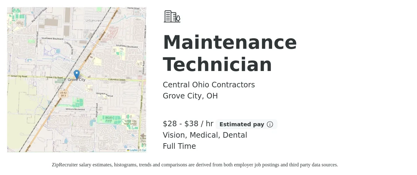 Central Ohio Contractors job posting for a Maintenance Technician in Grove City, OH with a salary of $30 to $40 Hourly and benefits including medical, pto, retirement, vision, dental, and life_insurance with a map of Grove City location.