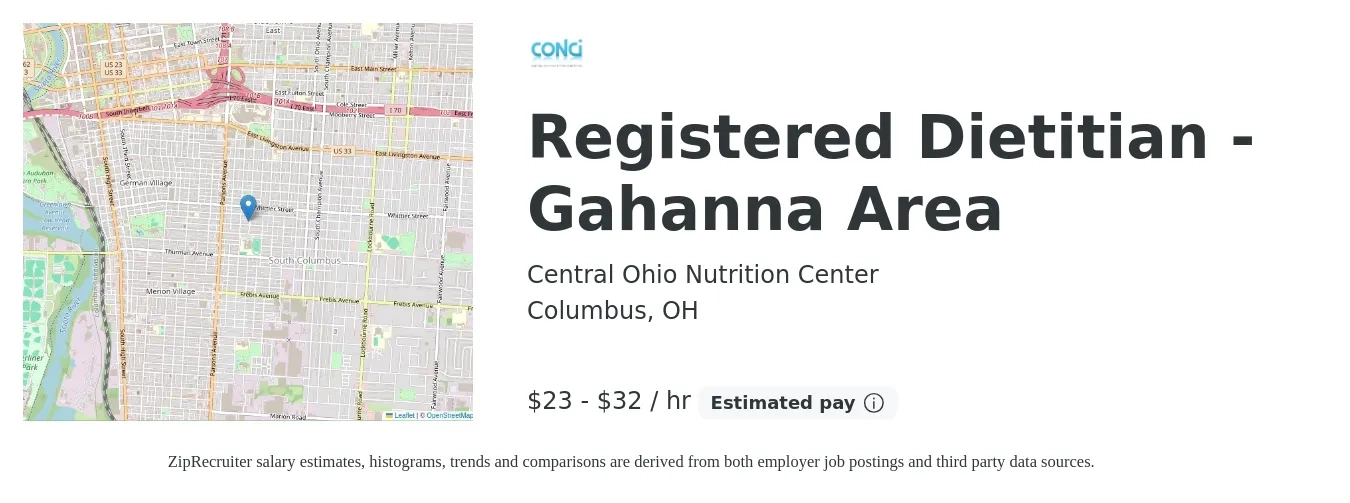 Central Ohio Nutrition Center job posting for a Registered Dietitian - Gahanna Area in Columbus, OH with a salary of $24 to $34 Hourly with a map of Columbus location.