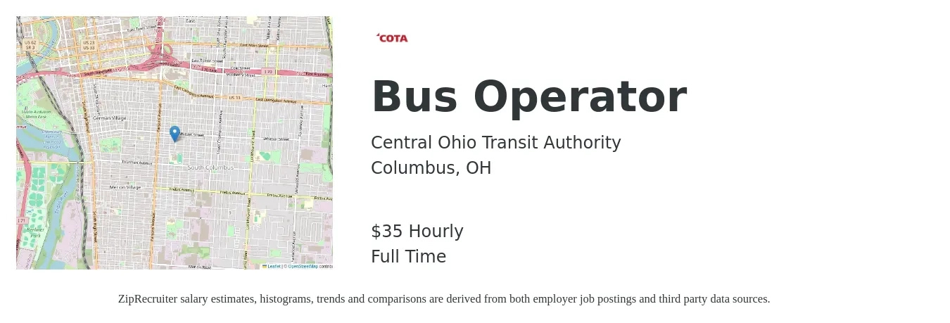 Central Ohio Transit Authority job posting for a Bus Operator in Columbus, OH with a salary of $37 Hourly with a map of Columbus location.