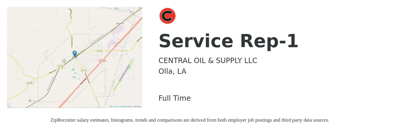 CENTRAL OIL & SUPPLY LLC job posting for a Service Rep-1 in Olla, LA with a salary of $16 to $26 Hourly with a map of Olla location.