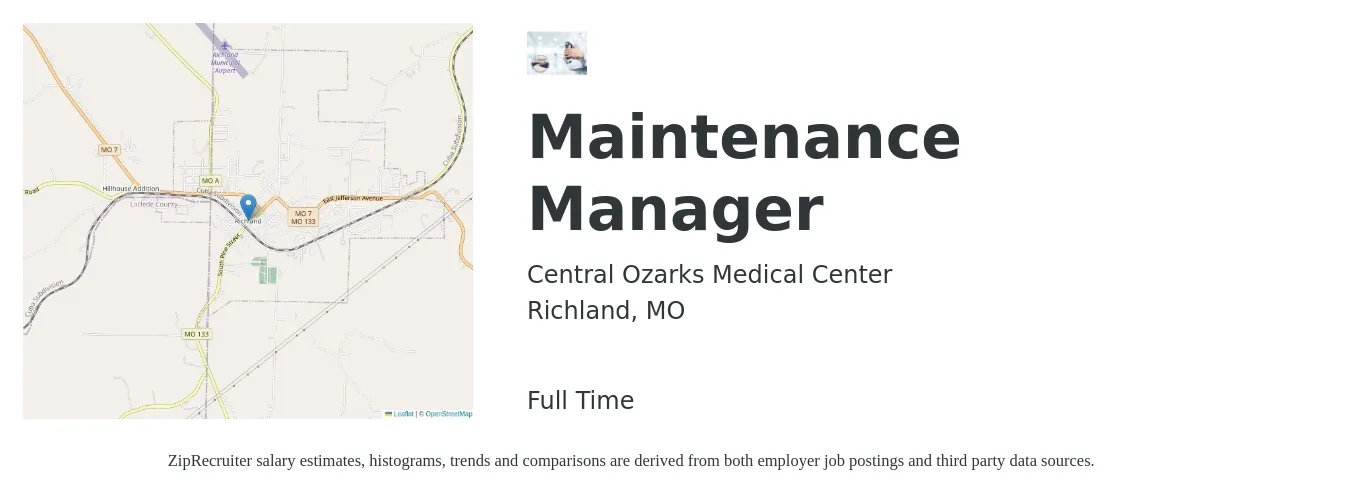 Central Ozarks Medical Center job posting for a Maintenance Manager in Richland, MO with a salary of $22 to $36 Hourly with a map of Richland location.
