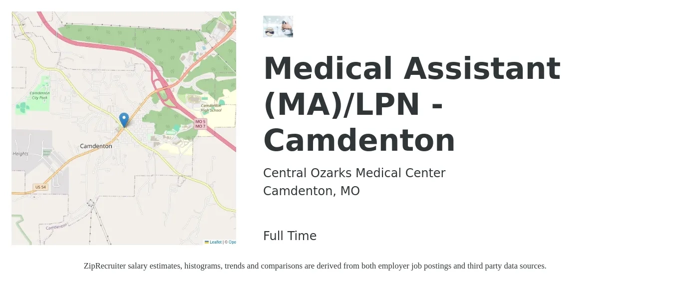 Central Ozarks Medical Center job posting for a Medical Assistant (MA)/LPN - Camdenton in Camdenton, MO with a salary of $16 to $21 Hourly with a map of Camdenton location.