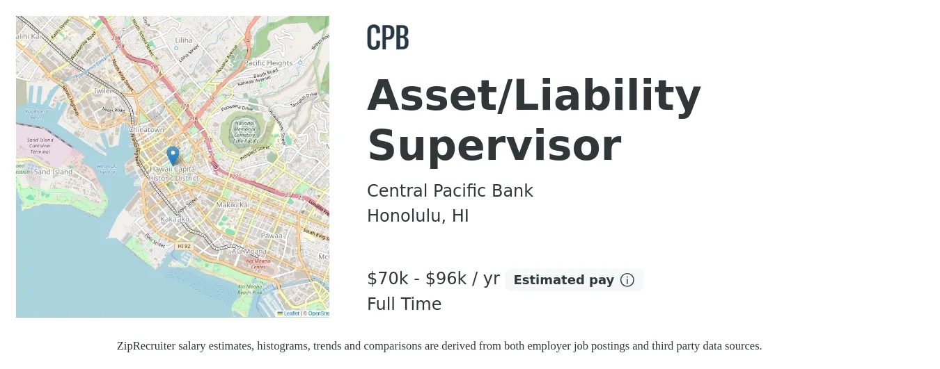 Central Pacific Bank job posting for a Asset/Liability Supervisor in Honolulu, HI with a salary of $70,039 to $96,304 Yearly with a map of Honolulu location.