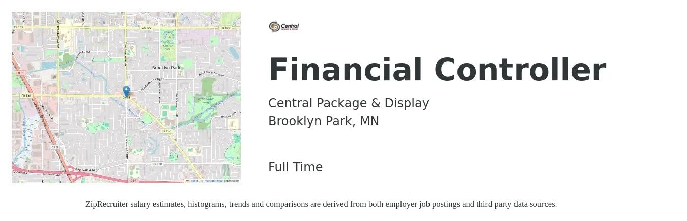 Central Package & Display job posting for a Financial Controller in Brooklyn Park, MN with a salary of $96,400 to $134,900 Yearly with a map of Brooklyn Park location.