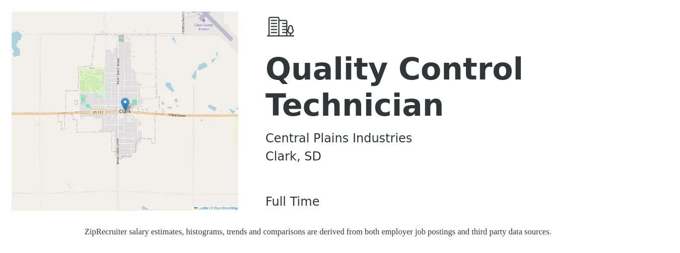 Central Plains Industries job posting for a Quality Control Technician in Clark, SD with a salary of $18 to $23 Hourly with a map of Clark location.