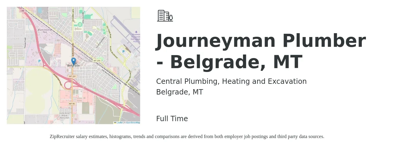 Central Plumbing, Heating and Excavation job posting for a Journeyman Plumber - Belgrade, MT in Belgrade, MT with a salary of $30 to $42 Hourly with a map of Belgrade location.
