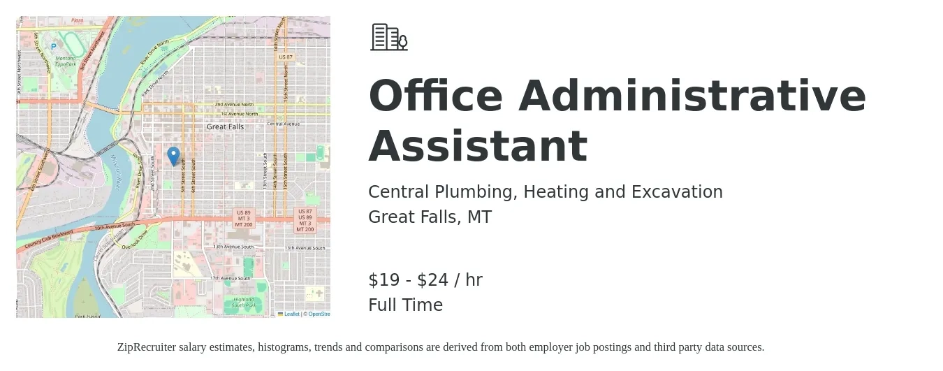 Central Plumbing, Heating and Excavation job posting for a Office Administrative Assistant in Great Falls, MT with a salary of $20 to $25 Hourly with a map of Great Falls location.