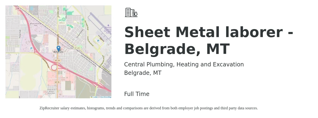 Central Plumbing, Heating and Excavation job posting for a Sheet Metal laborer - Belgrade, MT in Belgrade, MT with a salary of $20 to $29 Hourly with a map of Belgrade location.