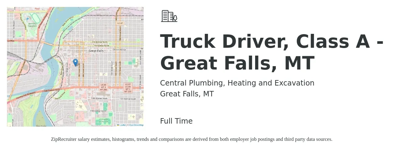 Central Plumbing, Heating and Excavation job posting for a Truck Driver, Class A - Great Falls, MT in Great Falls, MT with a salary of $1,200 to $1,760 Weekly with a map of Great Falls location.