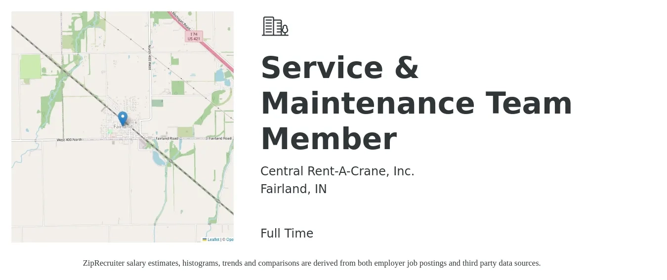 Central Rent-A-Crane, Inc job posting for a Service & Maintenance Team Member in Fairland, IN with a salary of $14 to $18 Hourly with a map of Fairland location.