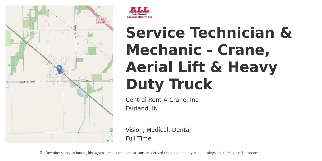Central Rent-A-Crane, Inc job posting for a Service Technician & Mechanic - Crane, Aerial Lift & Heavy Duty Truck in Fairland, IN with a salary of $19 to $28 Hourly with a map of Fairland location.