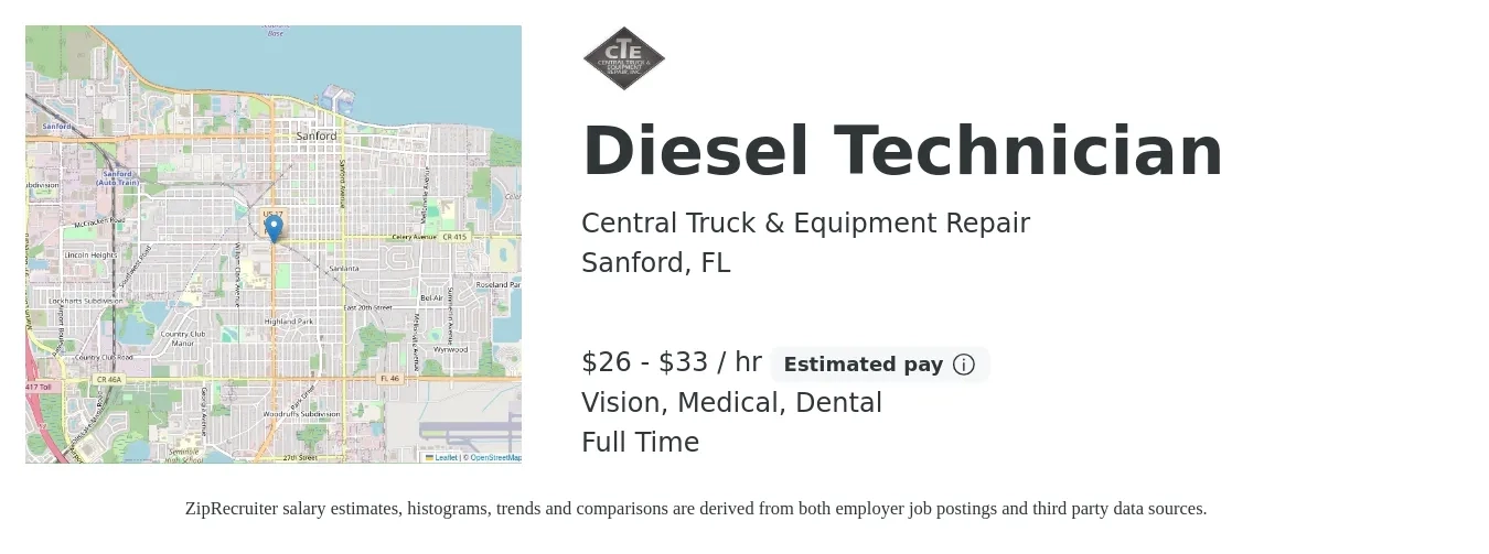 Central Truck & Equipment Repair job posting for a Diesel Technician in Sanford, FL with a salary of $28 to $35 Hourly and benefits including life_insurance, medical, retirement, vision, and dental with a map of Sanford location.