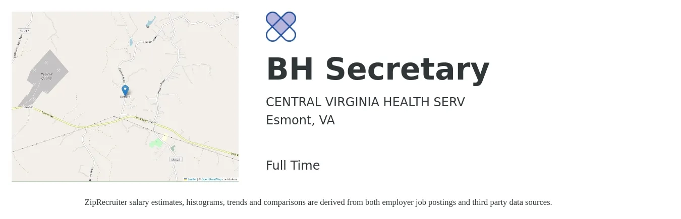CENTRAL VIRGINIA HEALTH SERV job posting for a BH Secretary in Esmont, VA with a salary of $36,900 to $51,700 Yearly with a map of Esmont location.