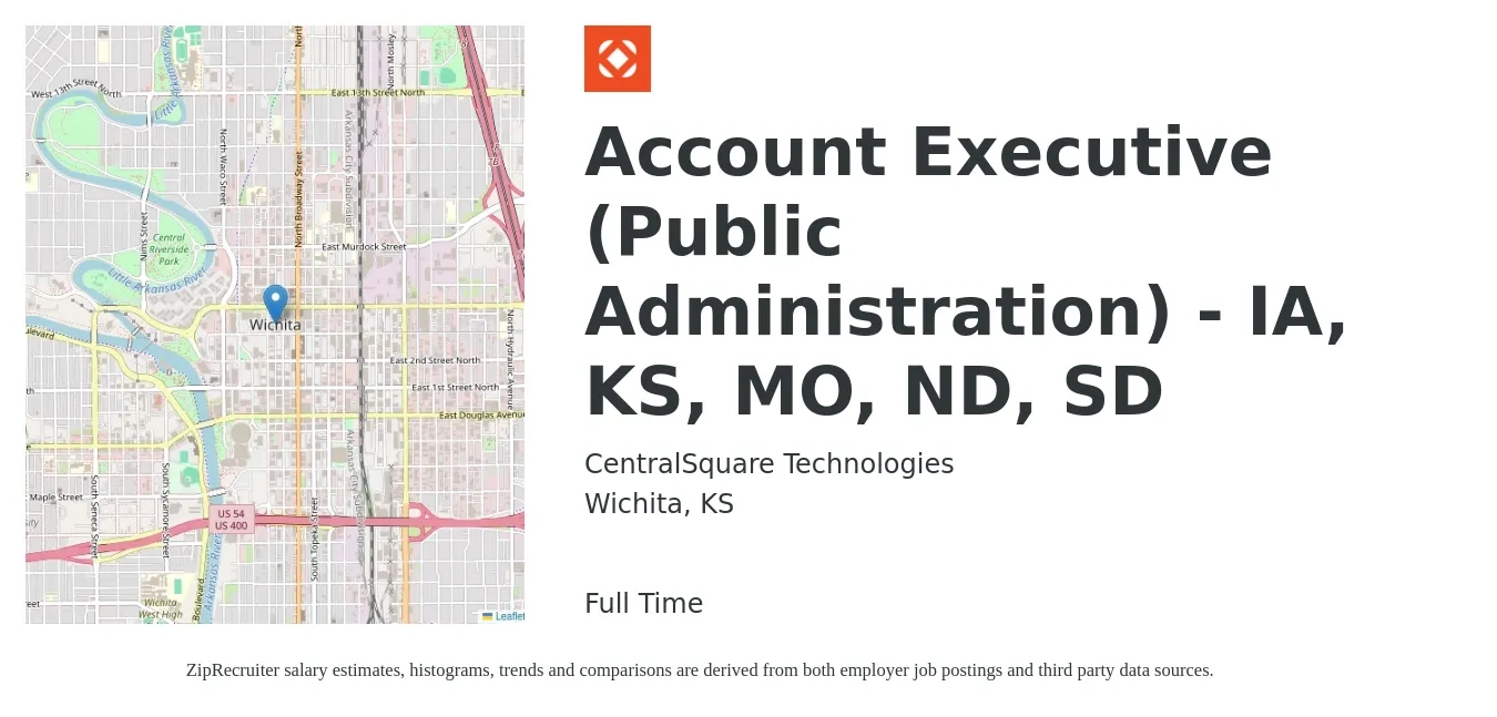 CentralSquare Technologies job posting for a Account Executive (Public Administration) - IA, KS, MO, ND, SD in Wichita, KS with a salary of $48,300 to $85,000 Yearly with a map of Wichita location.