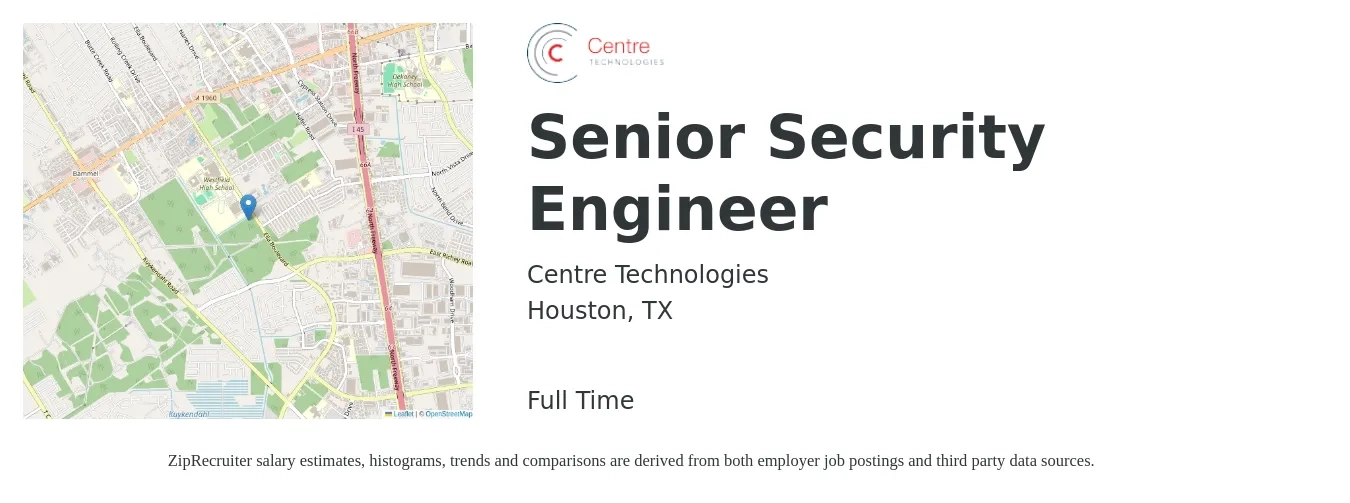 Centre Technologies job posting for a Senior Security Engineer in Houston, TX with a salary of $109,300 to $149,900 Yearly with a map of Houston location.