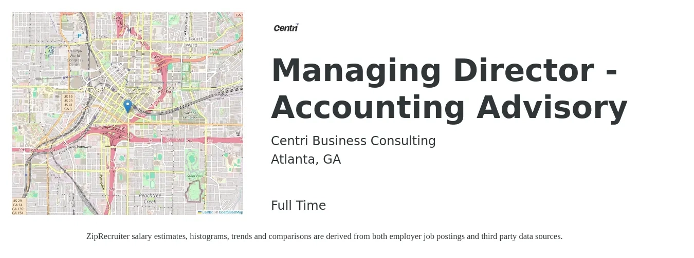 Centri Business Consulting job posting for a Managing Director - Accounting Advisory in Atlanta, GA with a salary of $101,000 to $153,900 Yearly with a map of Atlanta location.