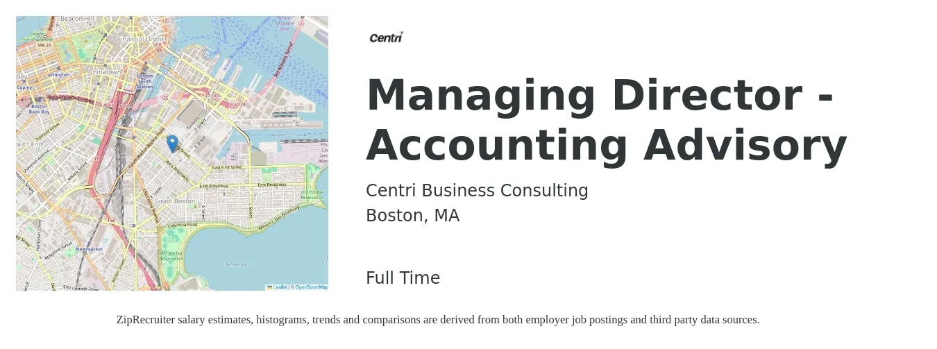 Centri Business Consulting job posting for a Managing Director - Accounting Advisory in Boston, MA with a salary of $114,100 to $173,800 Yearly with a map of Boston location.