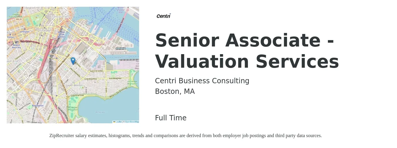 Centri Business Consulting job posting for a Senior Associate - Valuation Services in Boston, MA with a salary of $16 to $20 Hourly with a map of Boston location.