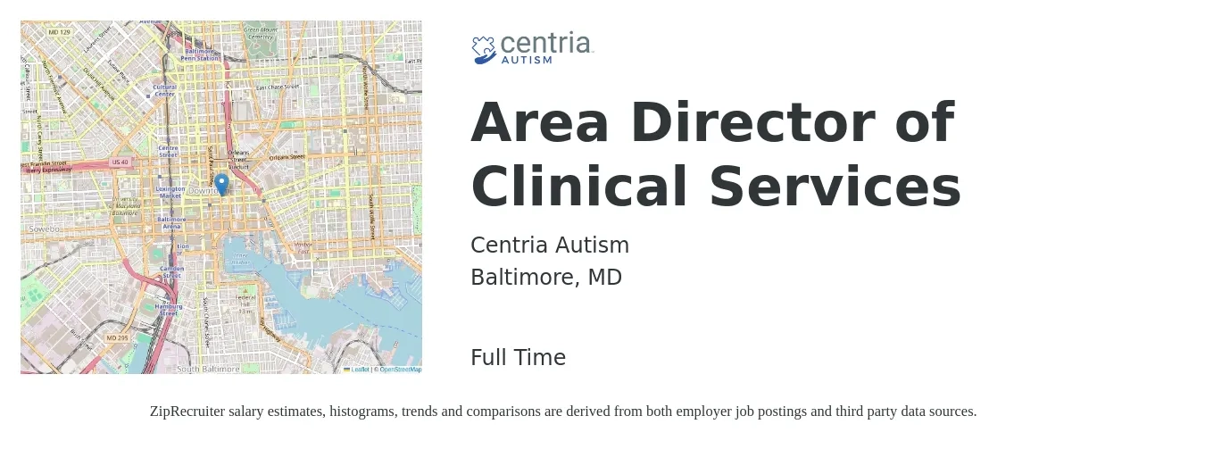 Centria Autism job posting for a Area Director of Clinical Services in Baltimore, MD with a salary of $83,000 to $115,300 Yearly with a map of Baltimore location.
