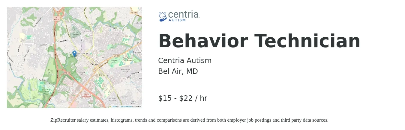 Centria Autism job posting for a Behavior Technician in Bel Air, MD with a salary of $16 to $23 Hourly with a map of Bel Air location.