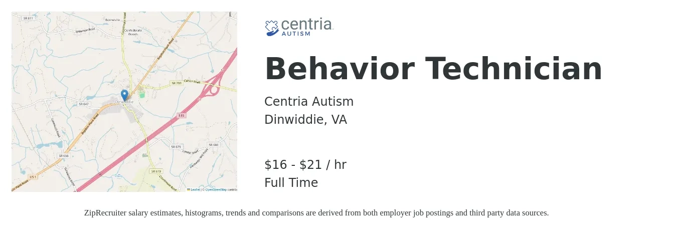Centria Autism job posting for a Behavior Technician in Dinwiddie, VA with a salary of $17 to $22 Hourly with a map of Dinwiddie location.