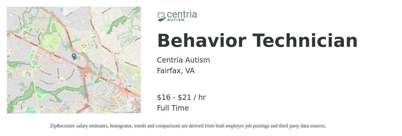 Centria Autism job posting for a Behavior Technician in Fairfax, VA with a salary of $17 to $22 Hourly with a map of Fairfax location.