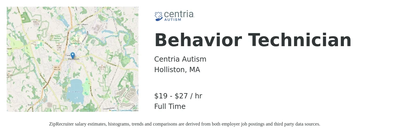 Centria Autism job posting for a Behavior Technician in Holliston, MA with a salary of $20 to $29 Hourly with a map of Holliston location.